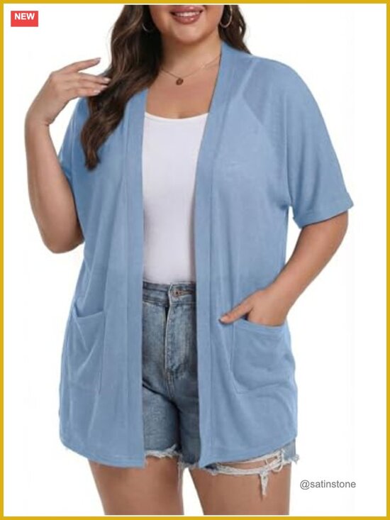 Sweaters - Plus Size Summer Cardigan Women Short Sleeve Lightweight Open Front Cover Up